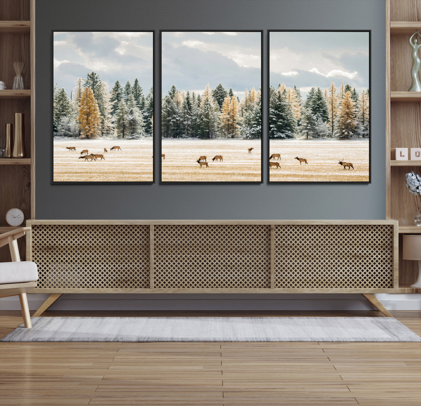 Elk Herd Wall Art – Framed Snowy Forest Canvas Artwork,