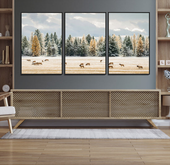 Elk Herd Wall Art – Framed Snowy Forest Canvas Artwork,