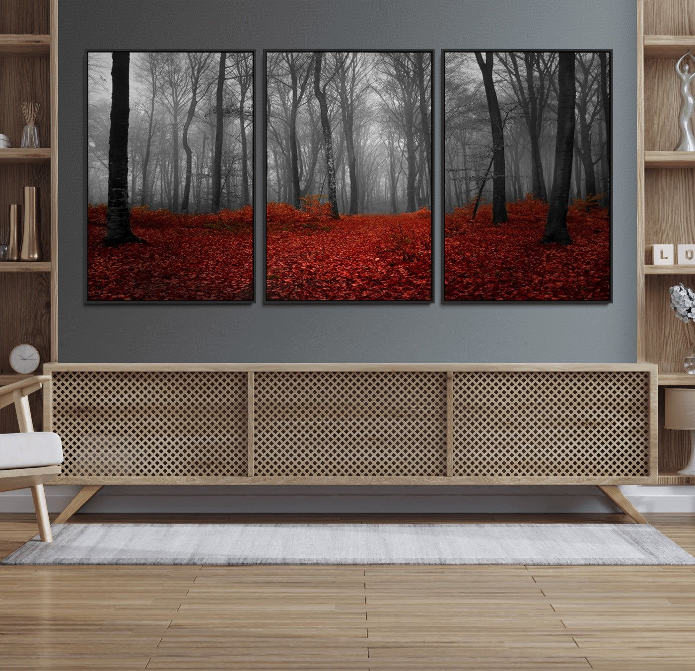 Red Forest Floor Canvas Wall Art – Mystical Foggy Woodland