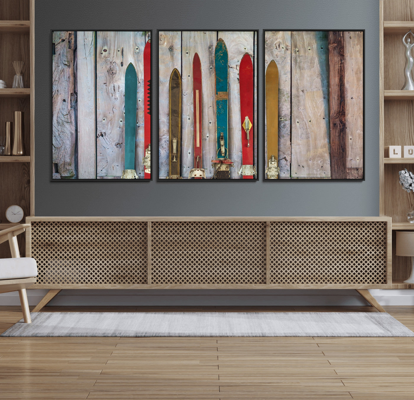 Vintage Wooden Weathered Ski's in Front of an Old Barn Wall