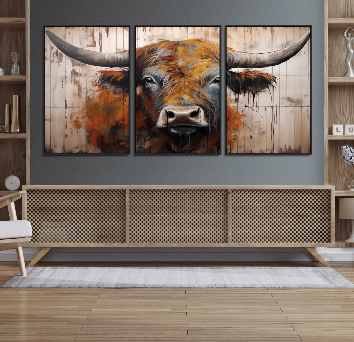 Scottish Highland Cow Cattle Art Print on Wood Style