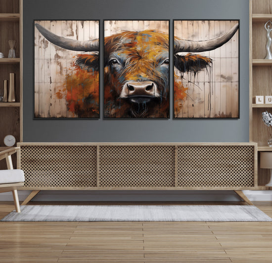 Scottish Highland Cow Cattle Art Print on Wood Style
