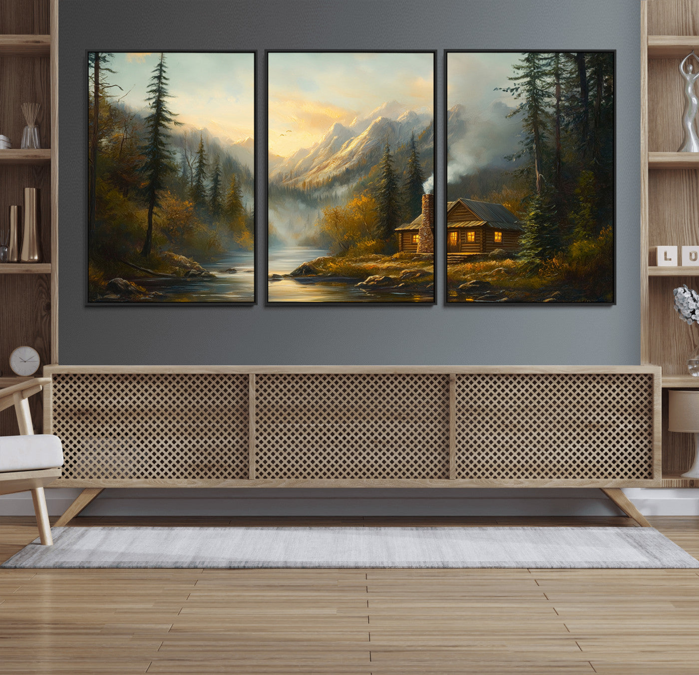Wood Cabin Retreat Mountain at Sunset Wall Art Print -