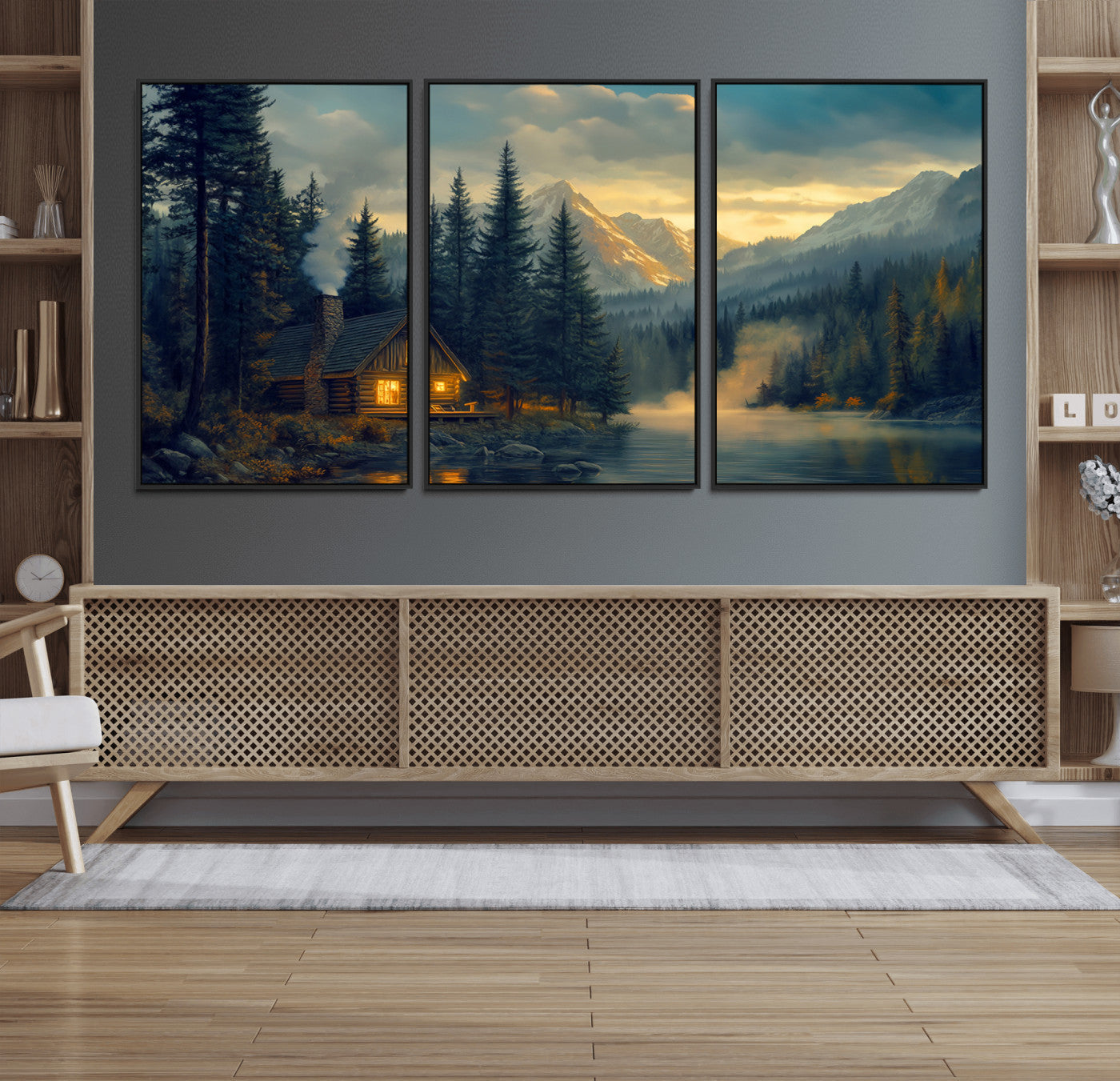 Mountain Cabin by the Lake at Sunset Wall Art - Serene