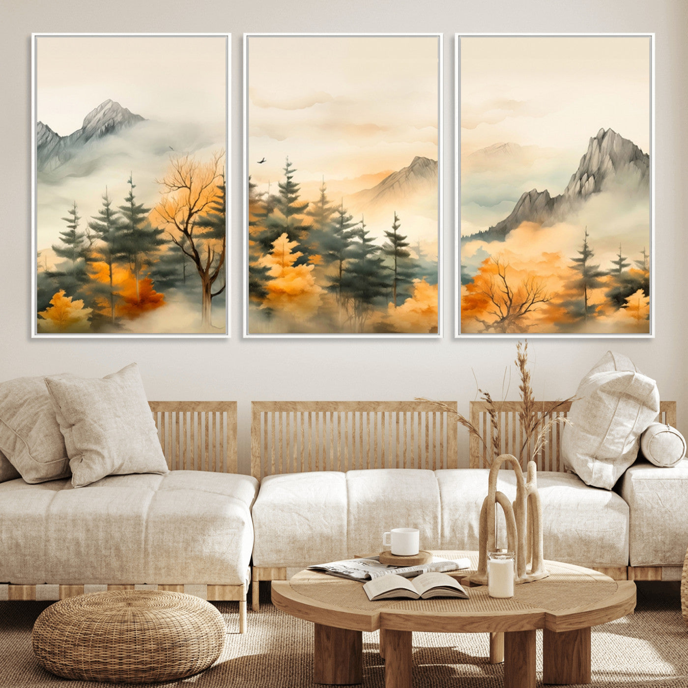 Abstract Watercolor Mountains and Trees Autumn Art,