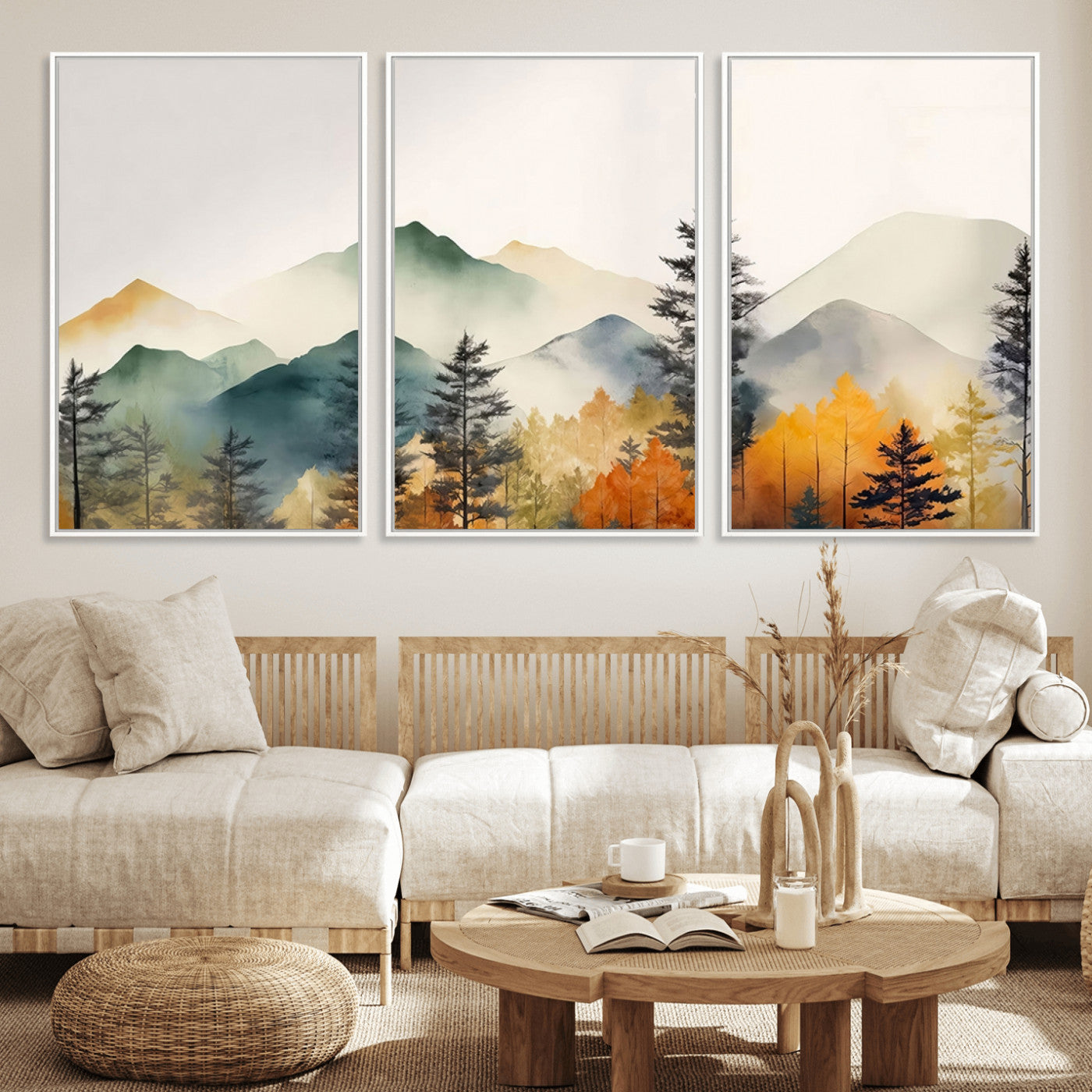 Abstract Watercolor Mountains and Trees Autumn Wall Art,
