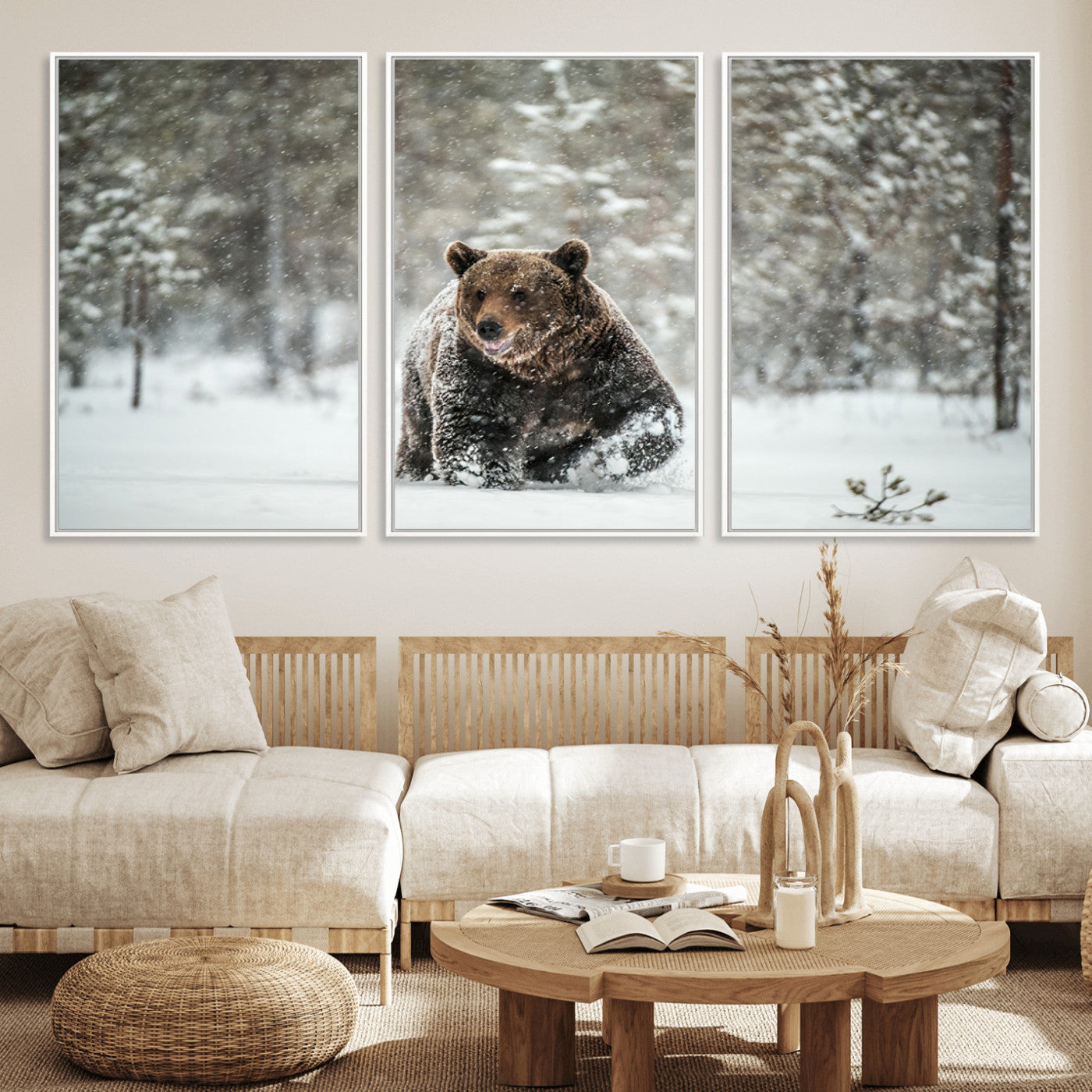 Grizzly Bear Wall Art – Framed Snowy Forest Canvas Artwork,