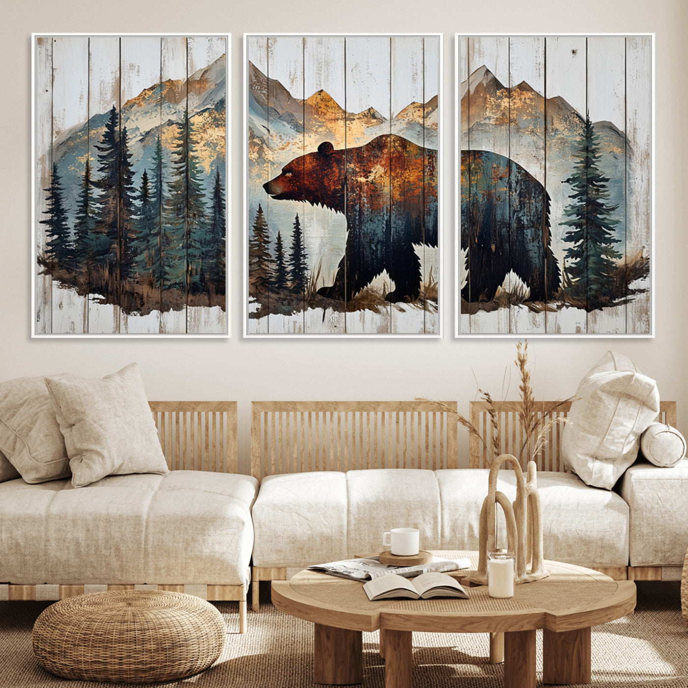 Rustic Grizzly 399 Bear and Mountain Wood Canvas Wall Art -