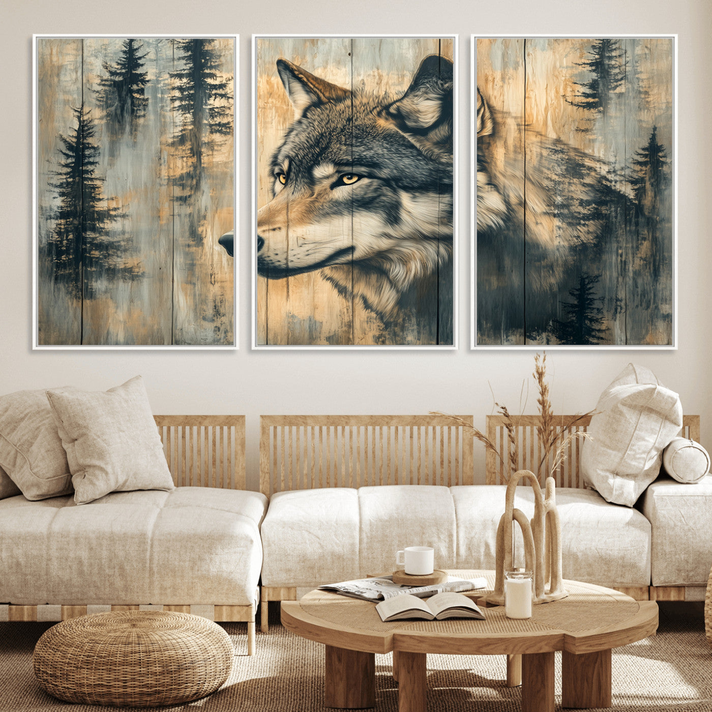Wood Style Rustic Wolf Wall Art Canvas Print, Vintage