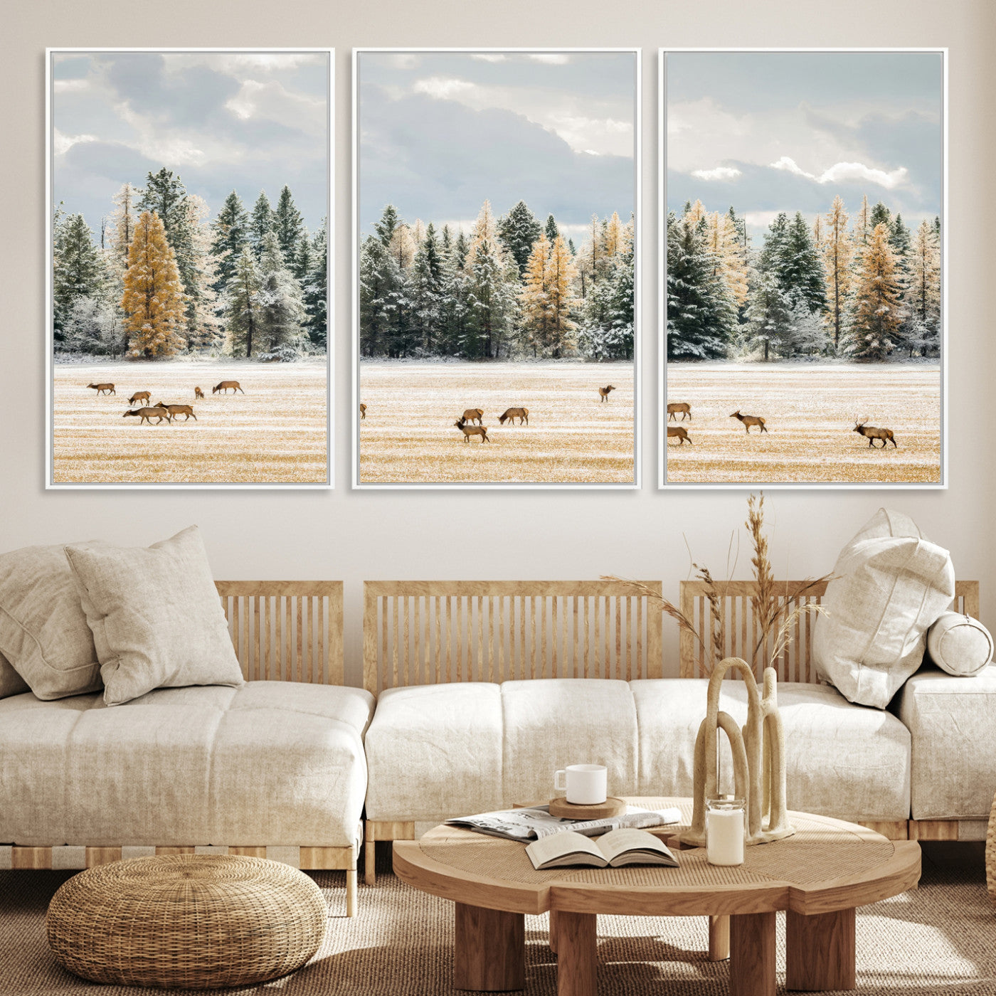 Elk Herd Wall Art – Framed Snowy Forest Canvas Artwork,
