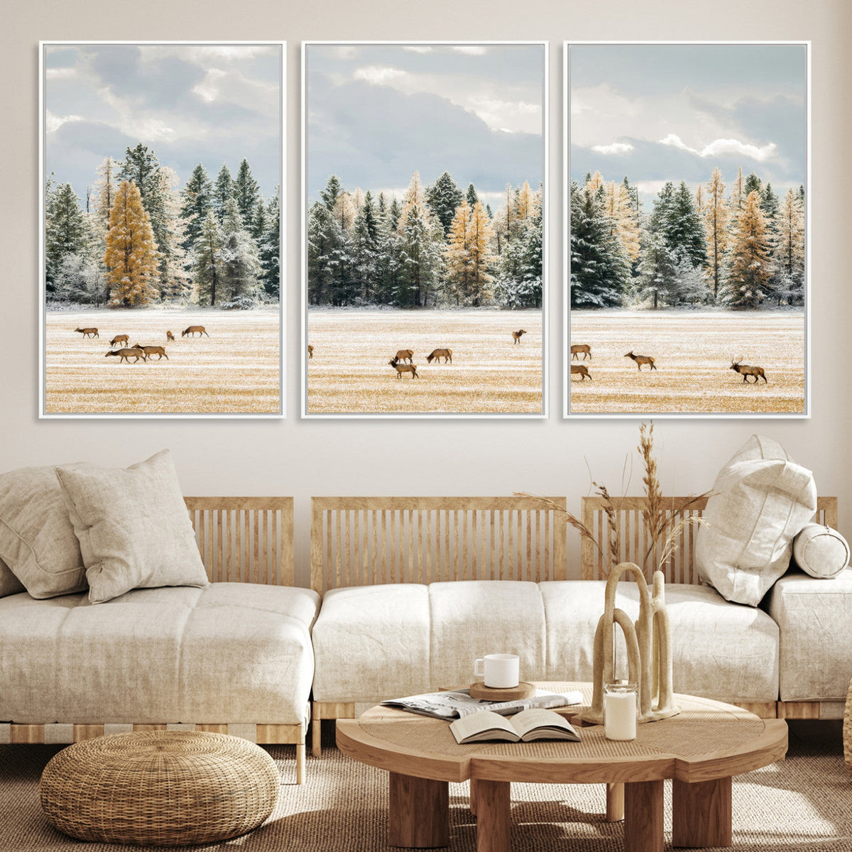 Elk Herd Wall Art – Framed Snowy Forest Canvas Artwork,