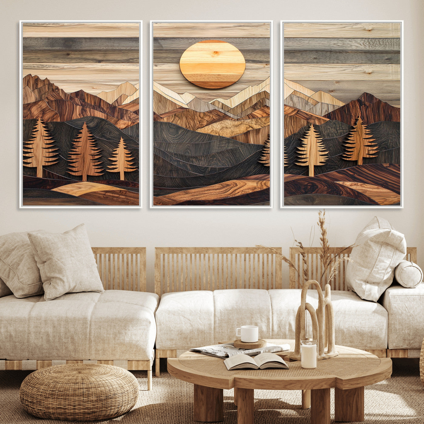 Wooden Mountain Layers Art – Rustic Pine Tree Landscape
