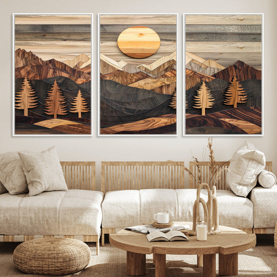 Wooden Mountain Layers Art – Rustic Pine Tree Landscape