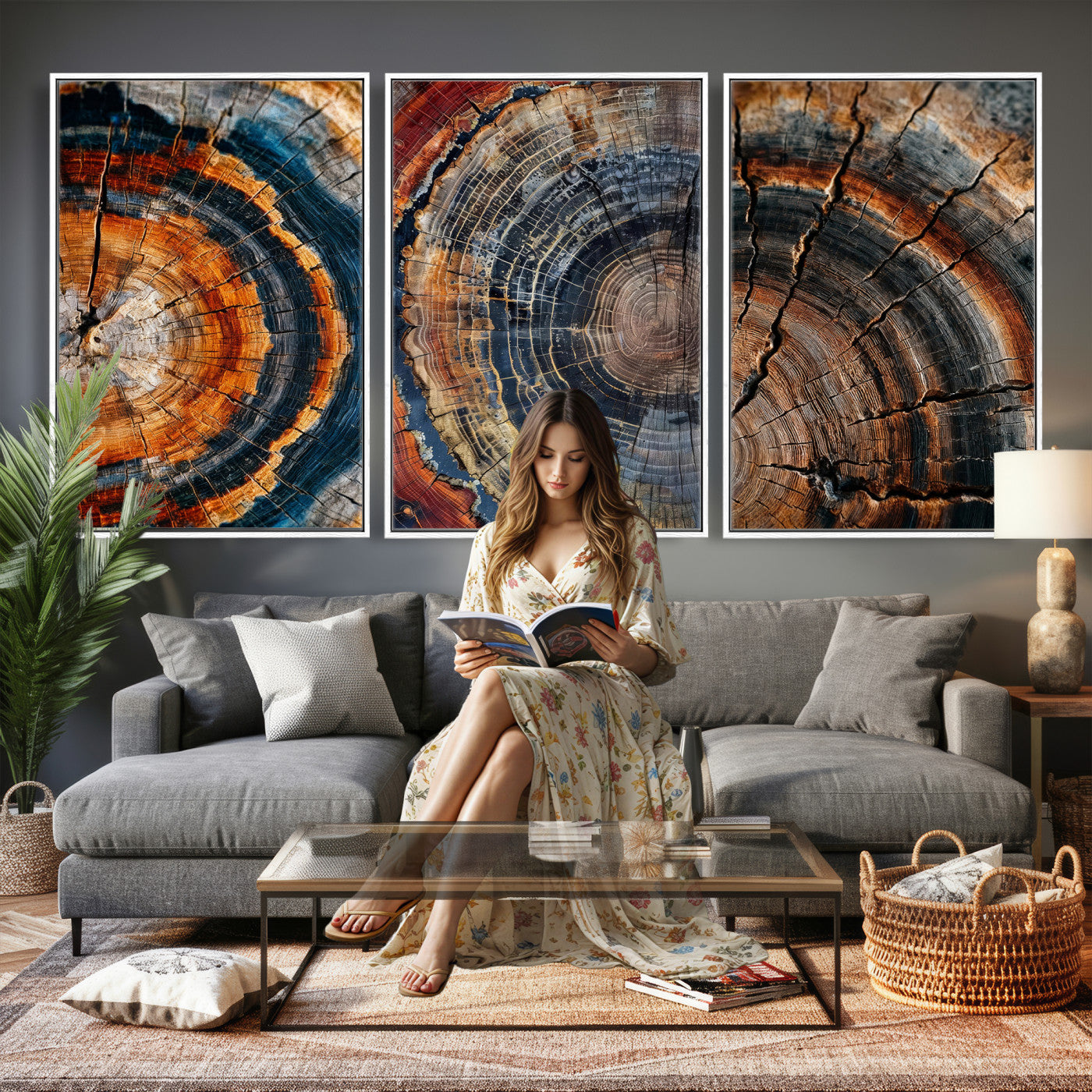 Tree Ring Canvas Wall Art, Wood Cross Section Triptych