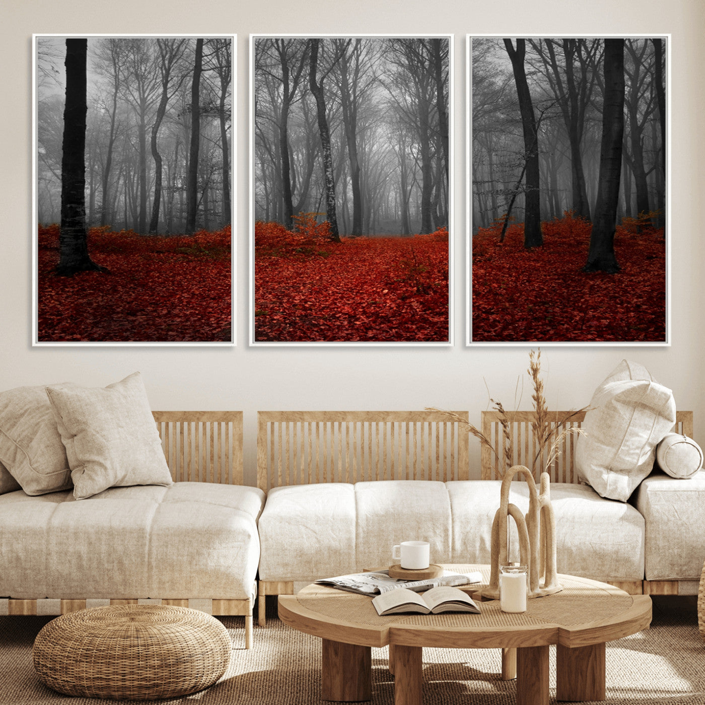 Red Forest Floor Canvas Wall Art – Mystical Foggy Woodland