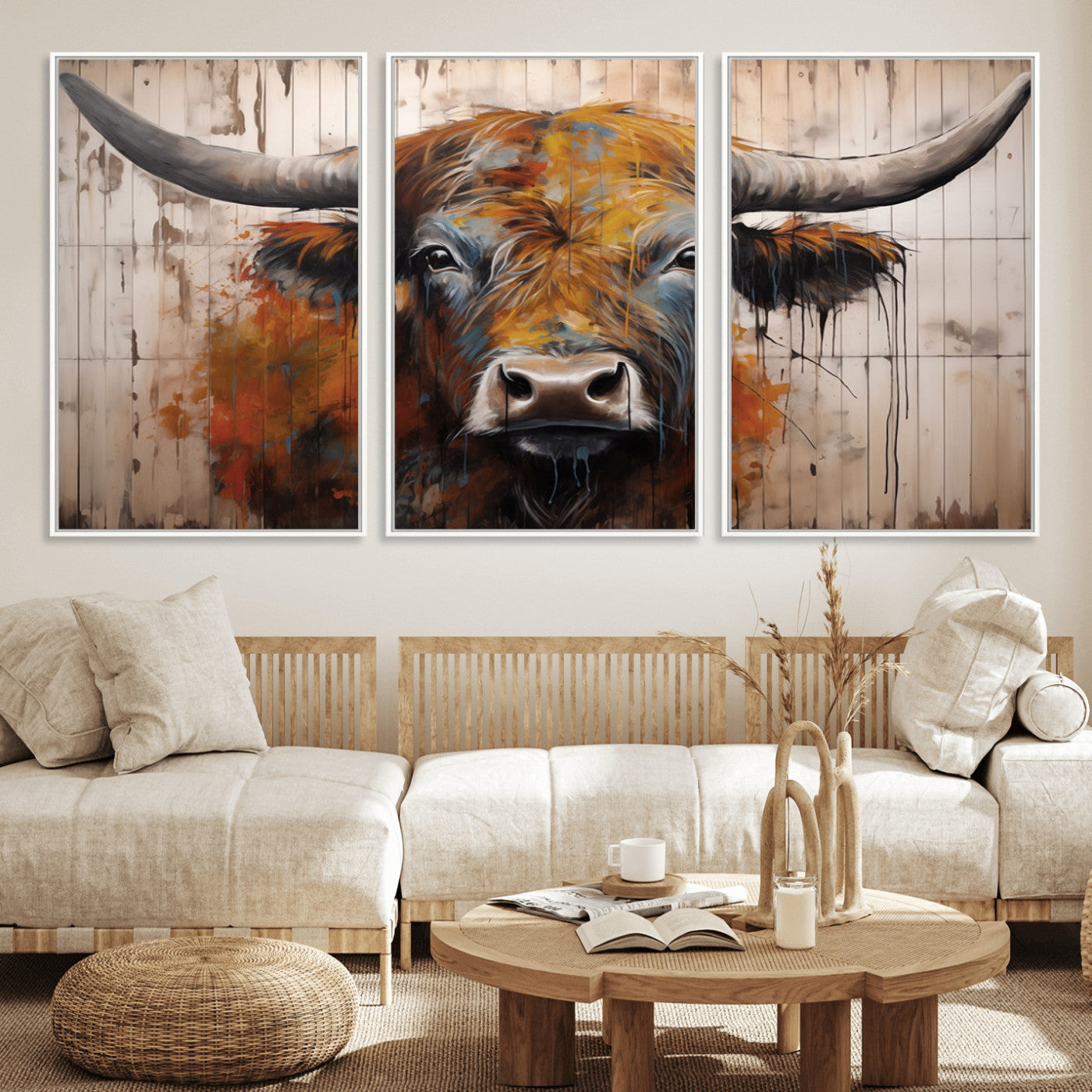 Scottish Highland Cow Cattle Art Print on Wood Style