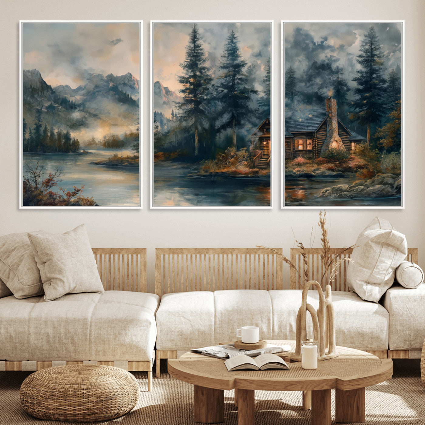 Rustic Cabin Woods Wall Art Print | Lake in a Forest Canvas