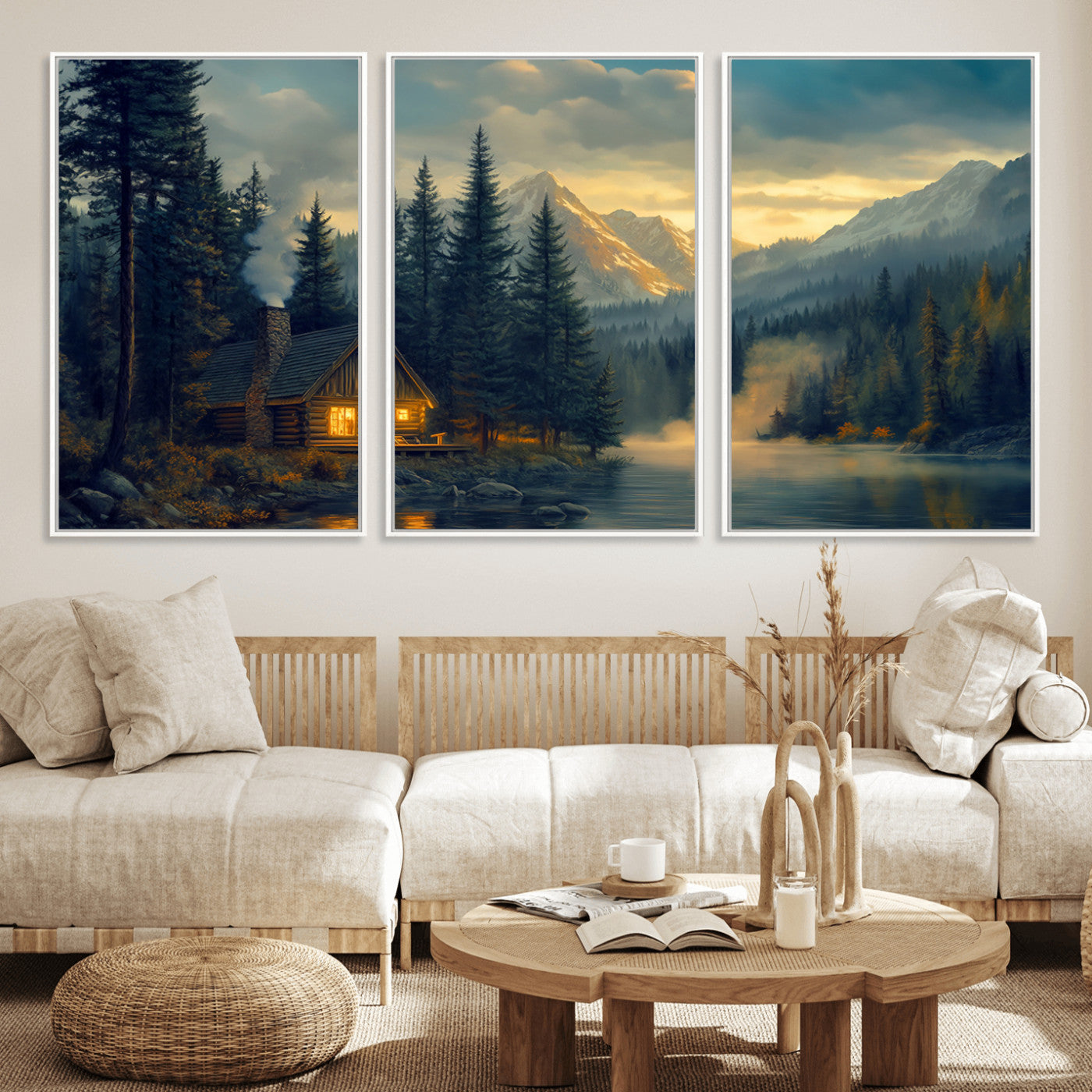 Mountain Cabin by the Lake at Sunset Wall Art - Serene