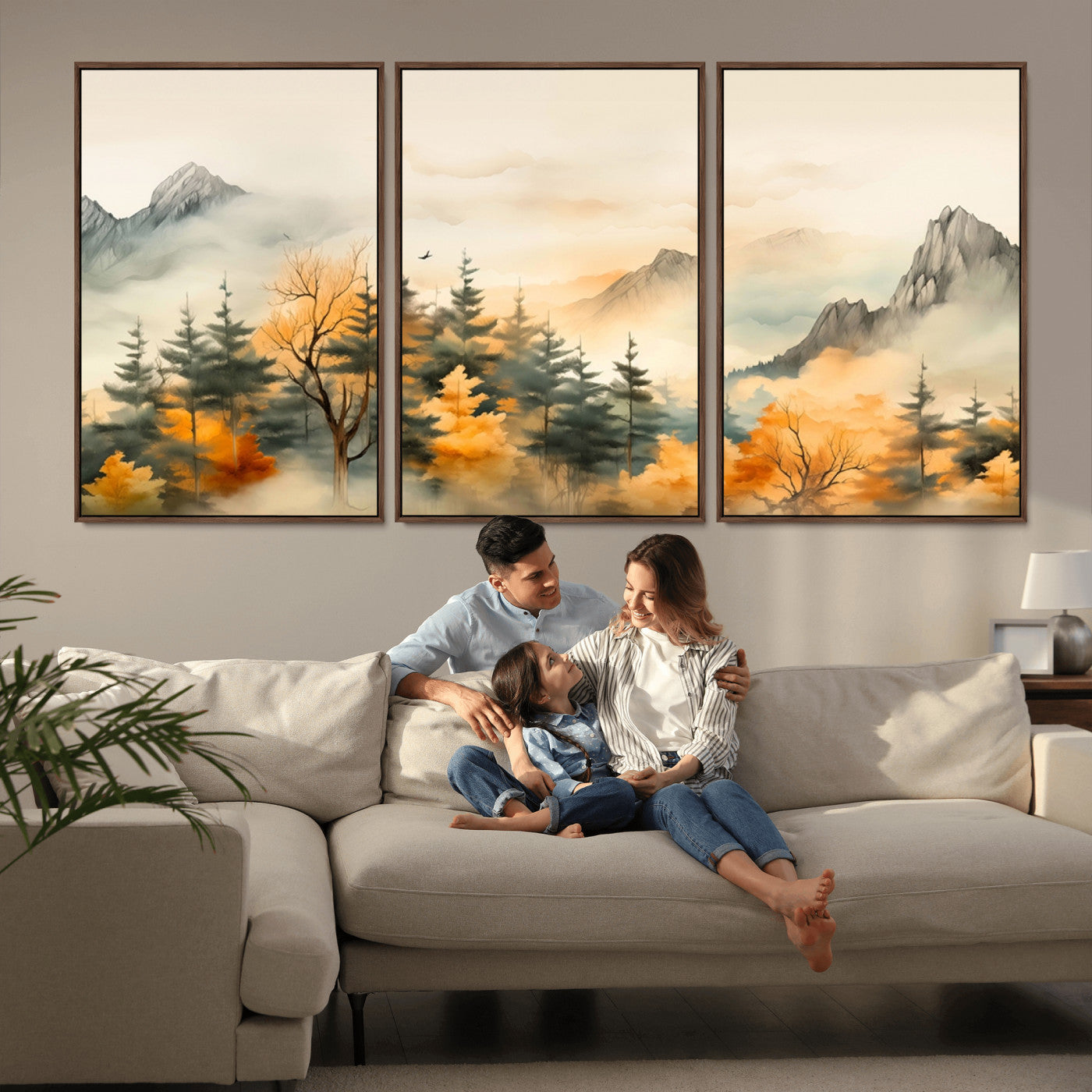 Abstract Watercolor Mountains and Trees Autumn Art,