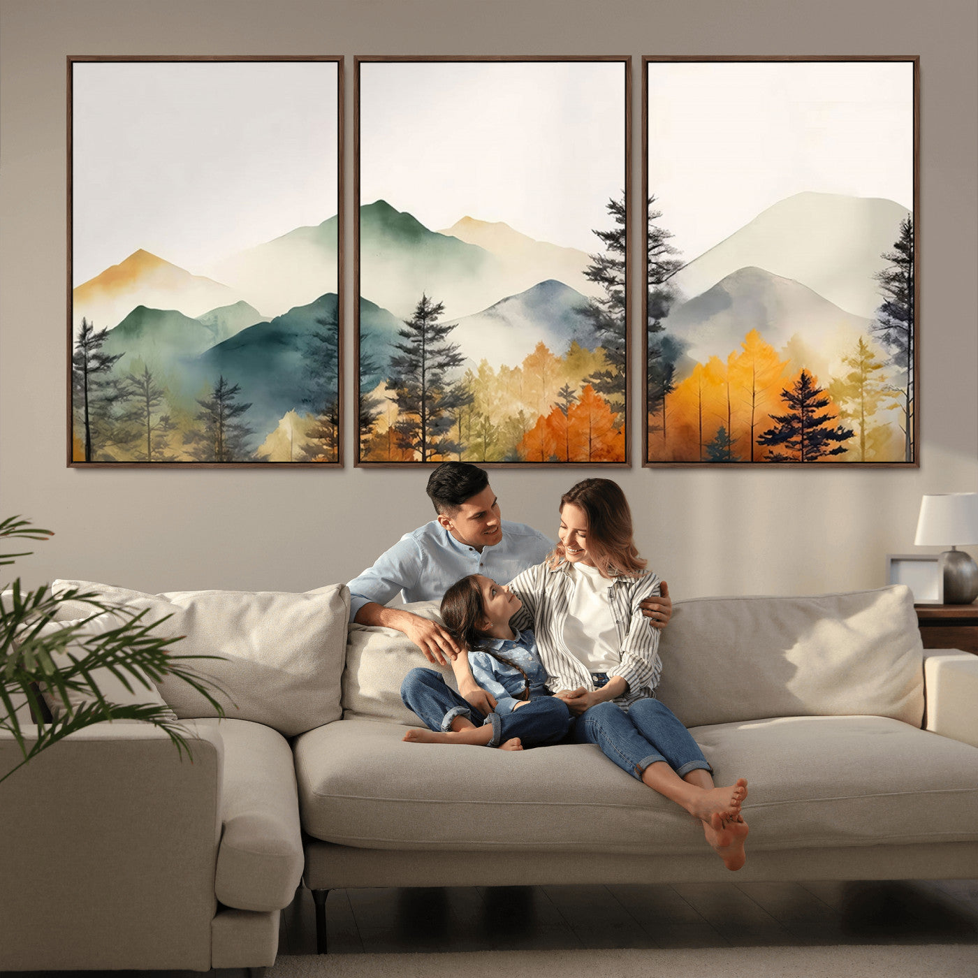 Abstract Watercolor Mountains and Trees Autumn Wall Art,
