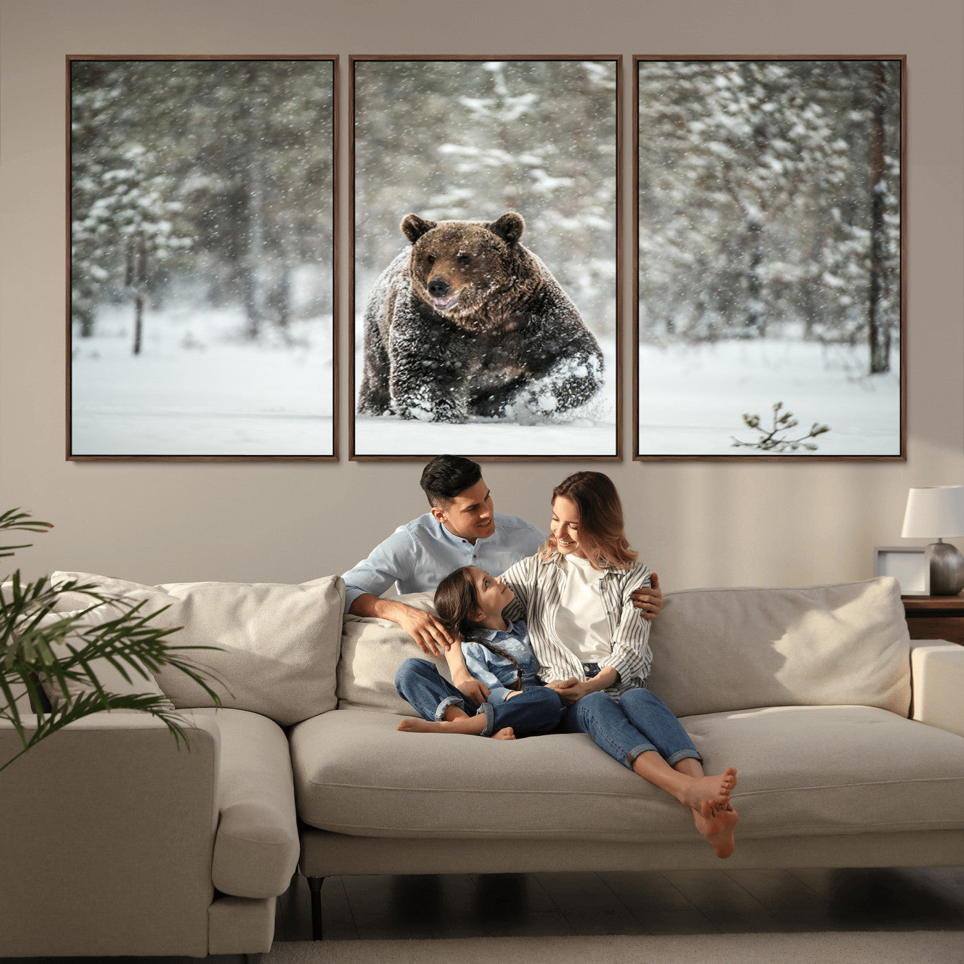 Grizzly Bear Wall Art – Framed Snowy Forest Canvas Artwork,