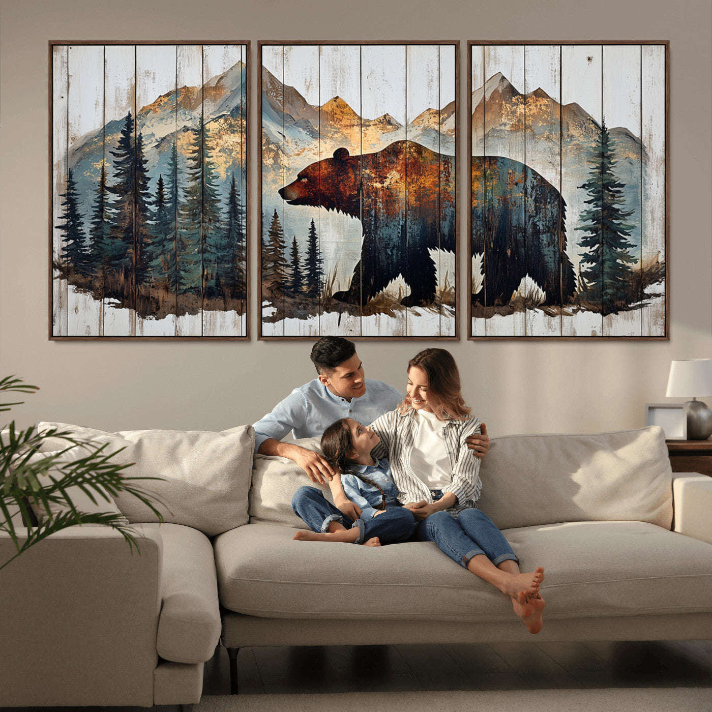 Rustic Grizzly 399 Bear and Mountain Wood Canvas Wall Art -
