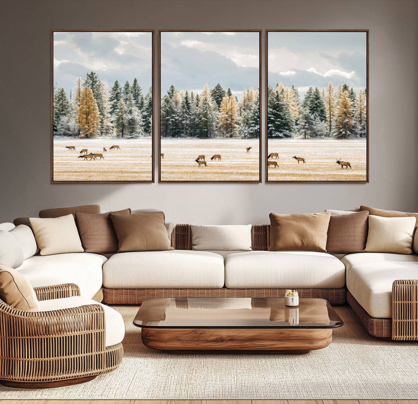 Elk Herd Wall Art – Framed Snowy Forest Canvas Artwork,