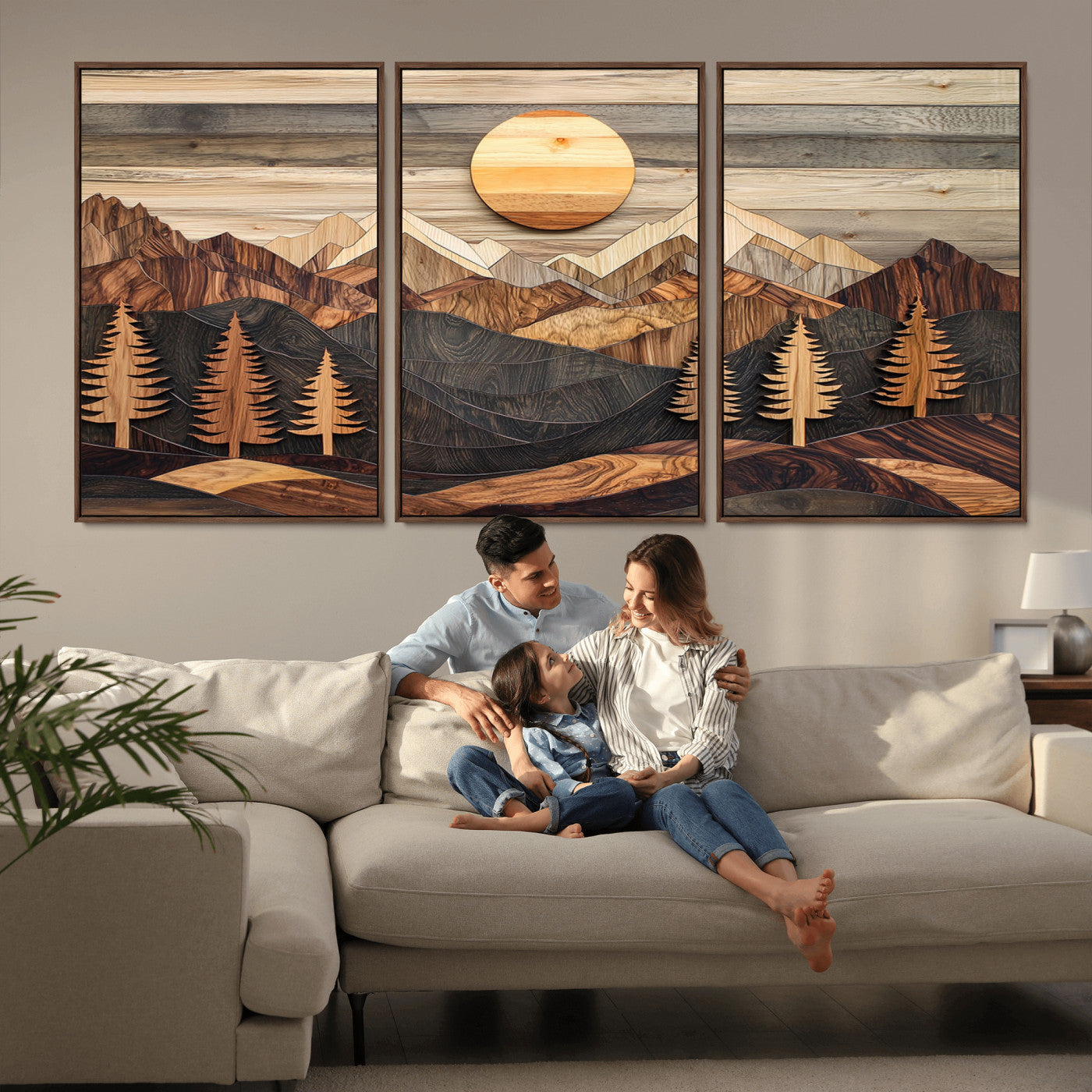 Wooden Mountain Layers Art – Rustic Pine Tree Landscape