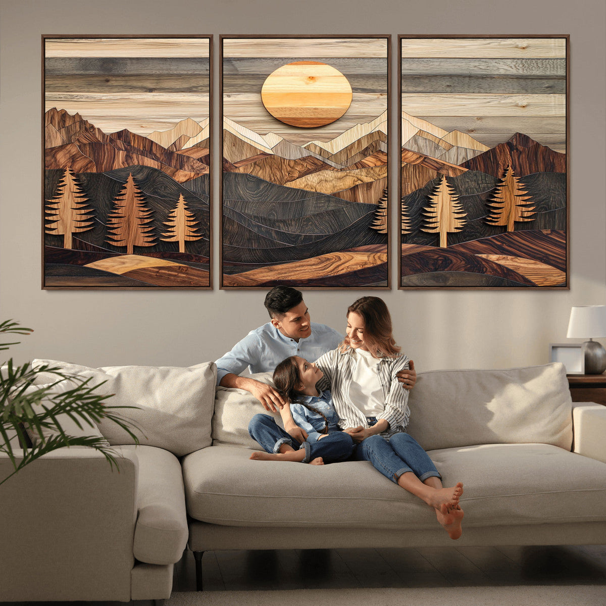 Wooden Mountain Layers Art – Rustic Pine Tree Landscape