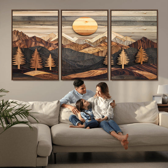 Wooden Mountain Layers Art – Rustic Pine Tree Landscape