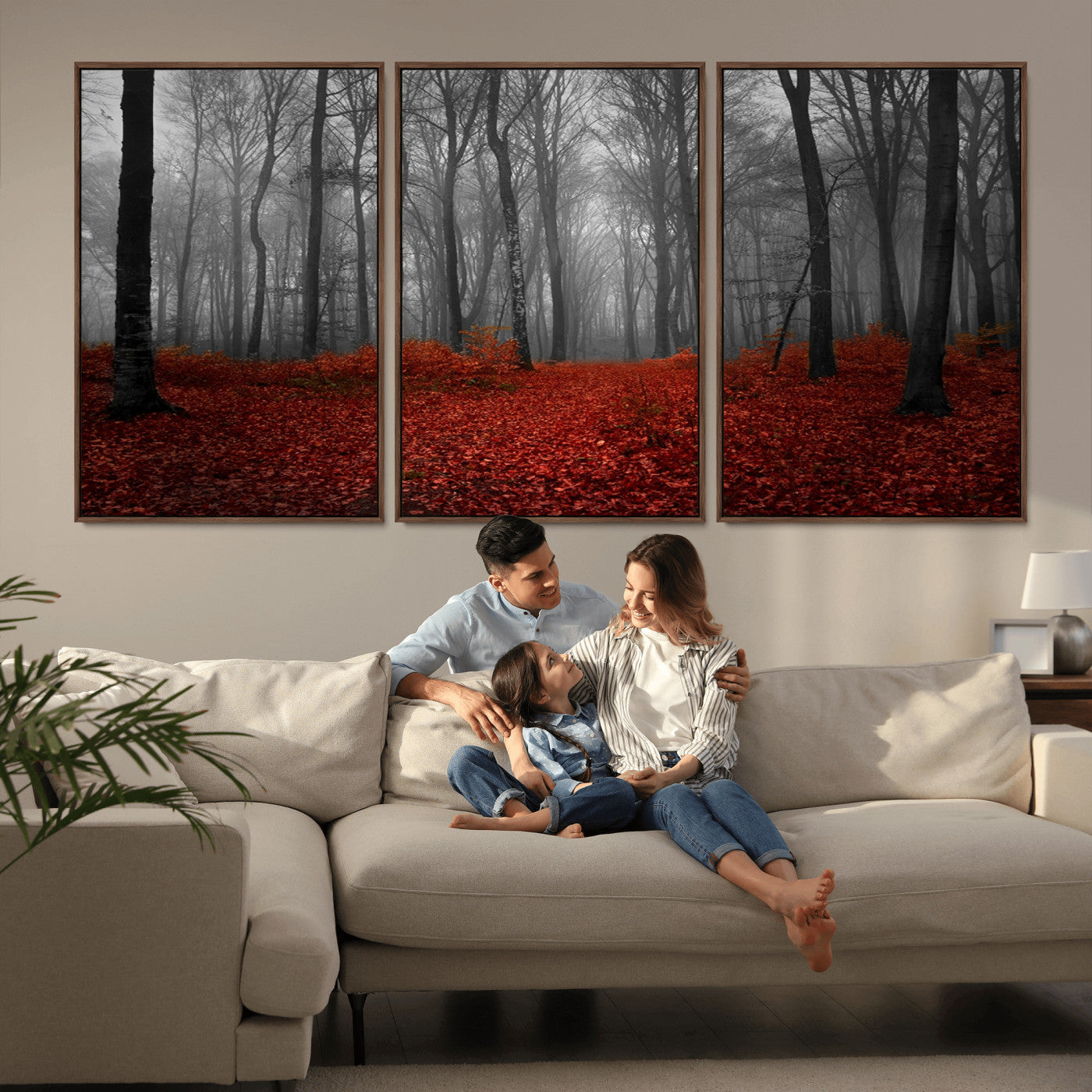 Red Forest Floor Canvas Wall Art – Mystical Foggy Woodland