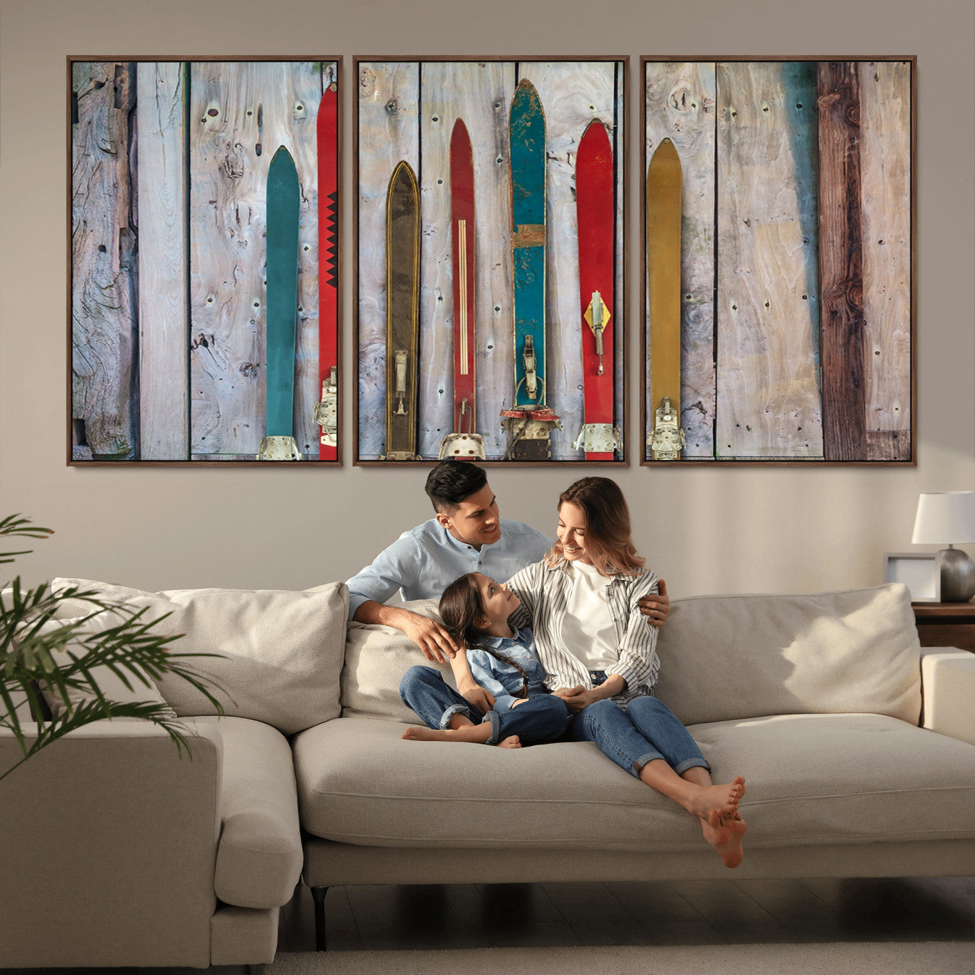 Vintage Wooden Weathered Ski's in Front of an Old Barn Wall