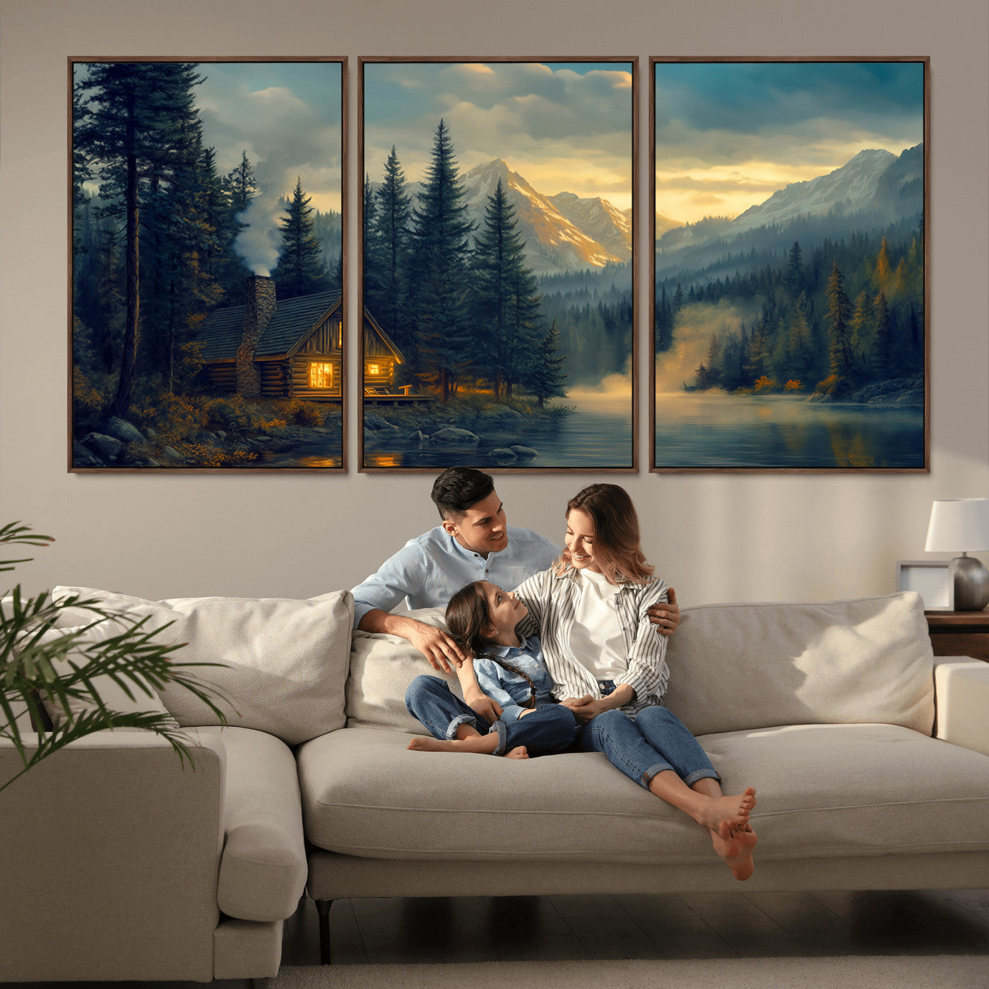 Mountain Cabin by the Lake at Sunset Wall Art - Serene