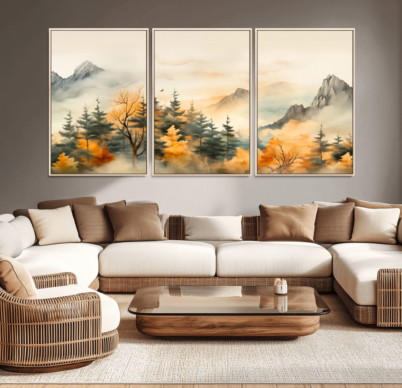 Abstract Watercolor Mountains and Trees Autumn Art,