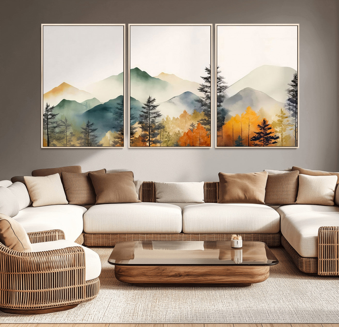 Abstract Watercolor Mountains and Trees Autumn Wall Art,