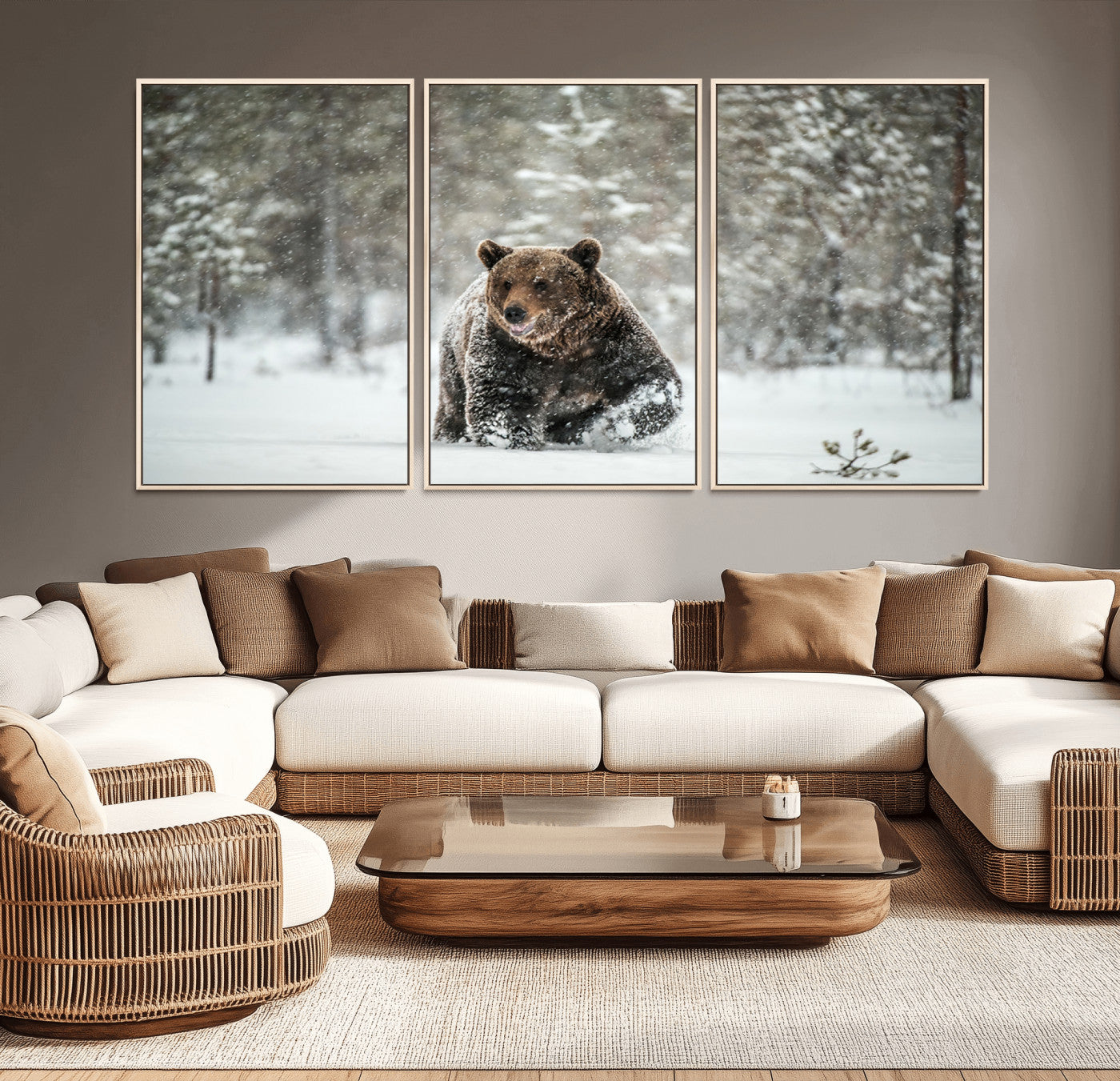 Grizzly Bear Wall Art – Framed Snowy Forest Canvas Artwork,