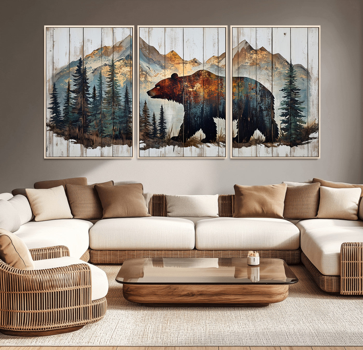 Rustic Grizzly 399 Bear and Mountain Wood Canvas Wall Art -