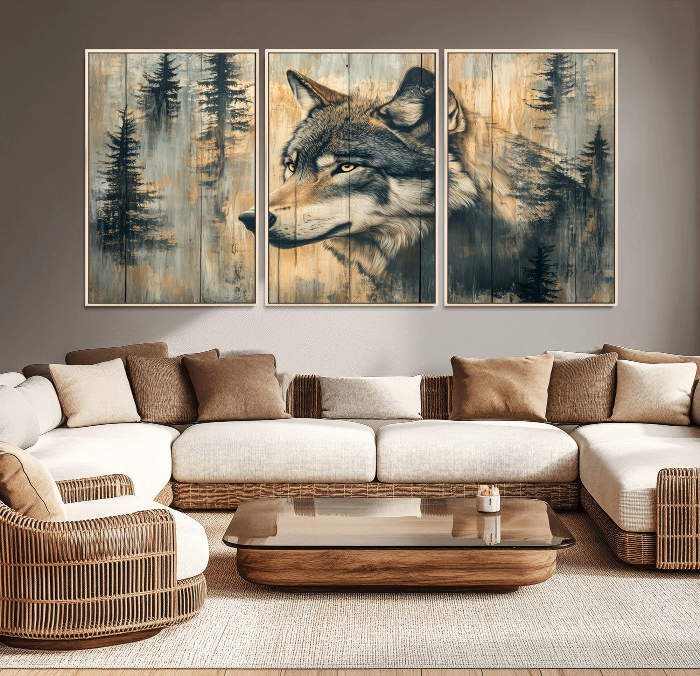 Wood Style Rustic Wolf Wall Art Canvas Print, Vintage