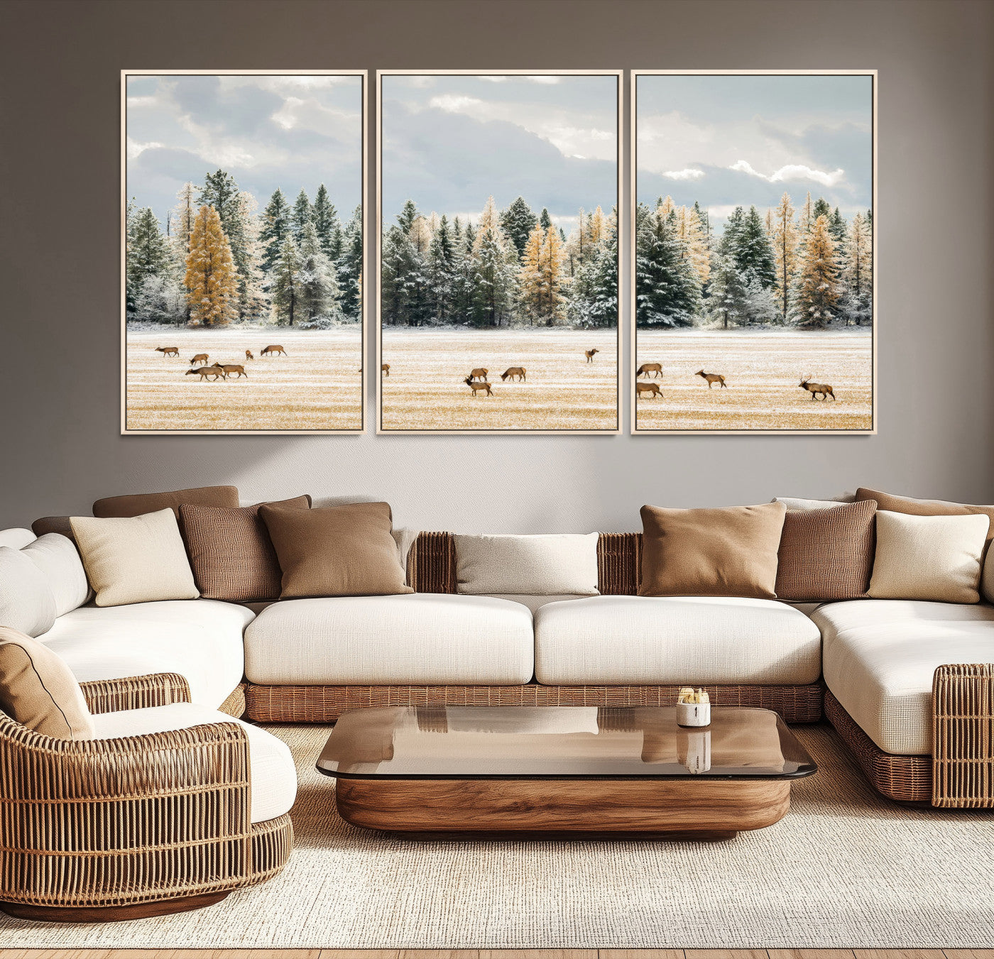 Elk Herd Wall Art – Framed Snowy Forest Canvas Artwork,