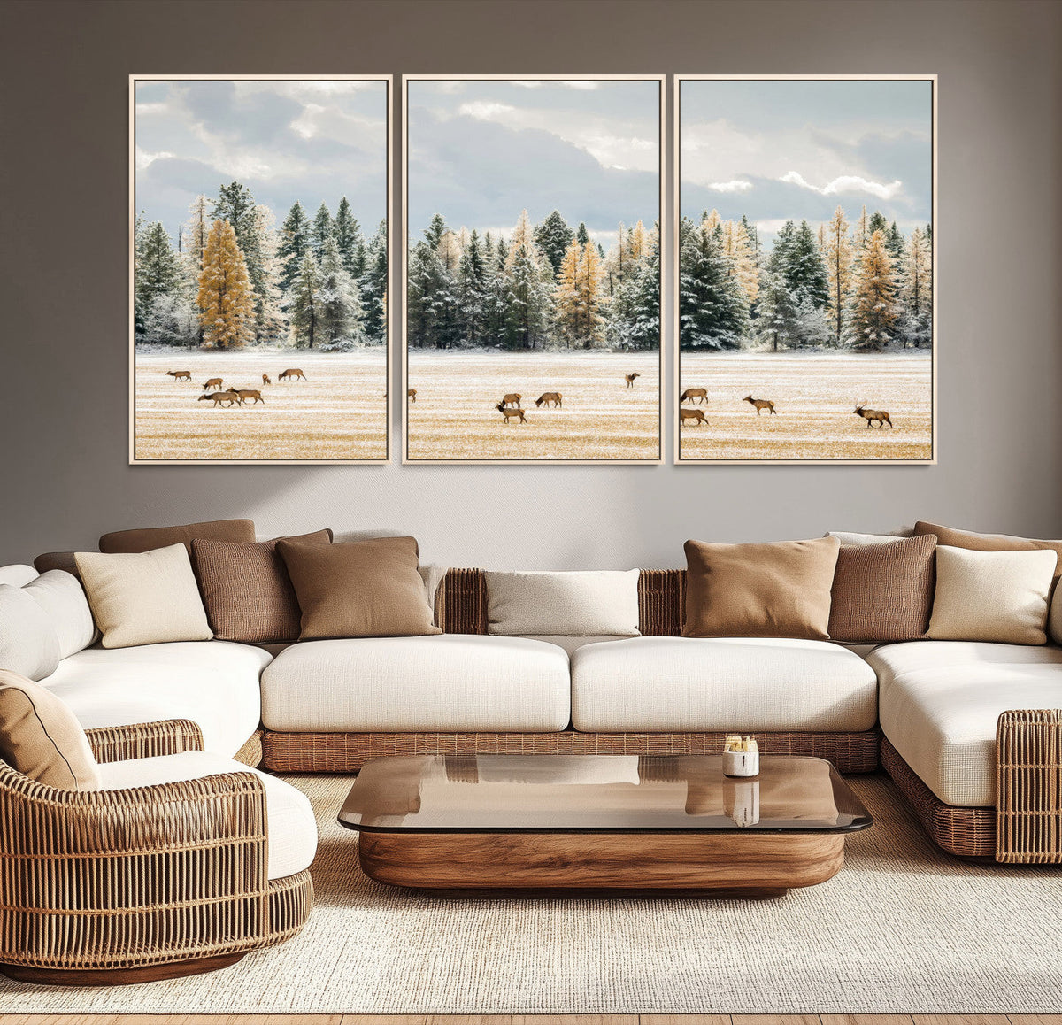 Elk Herd Wall Art – Framed Snowy Forest Canvas Artwork,