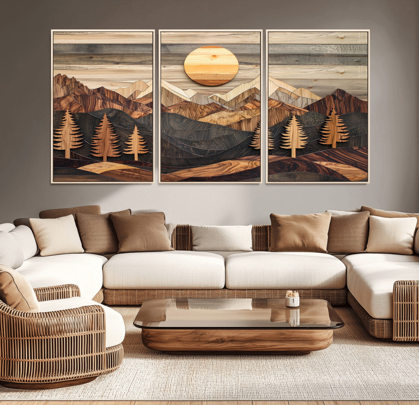 Wooden Mountain Layers Art – Rustic Pine Tree Landscape