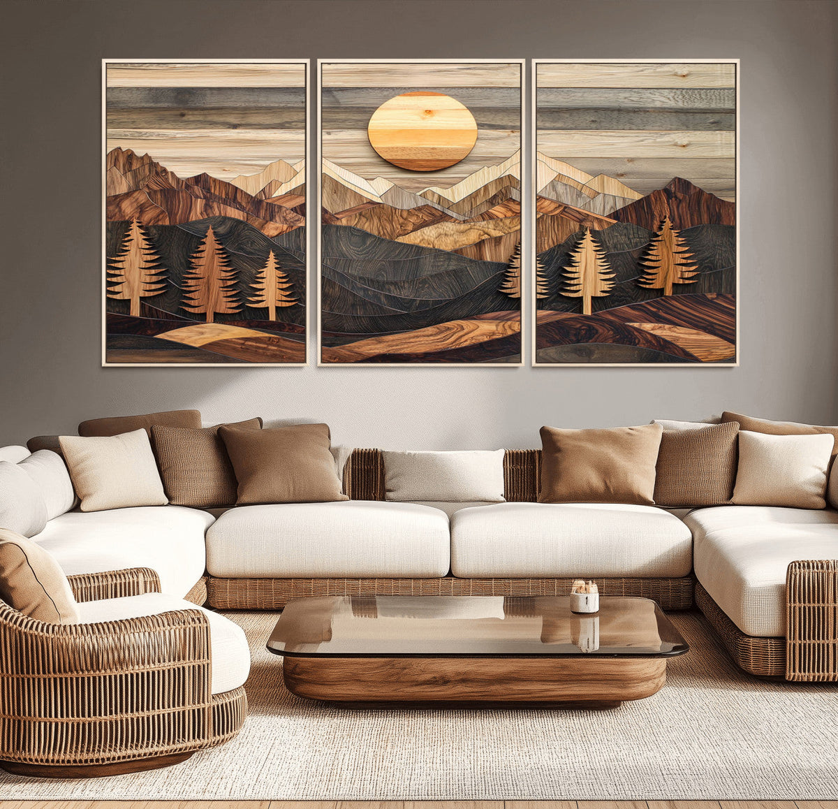 Wooden Mountain Layers Art – Rustic Pine Tree Landscape