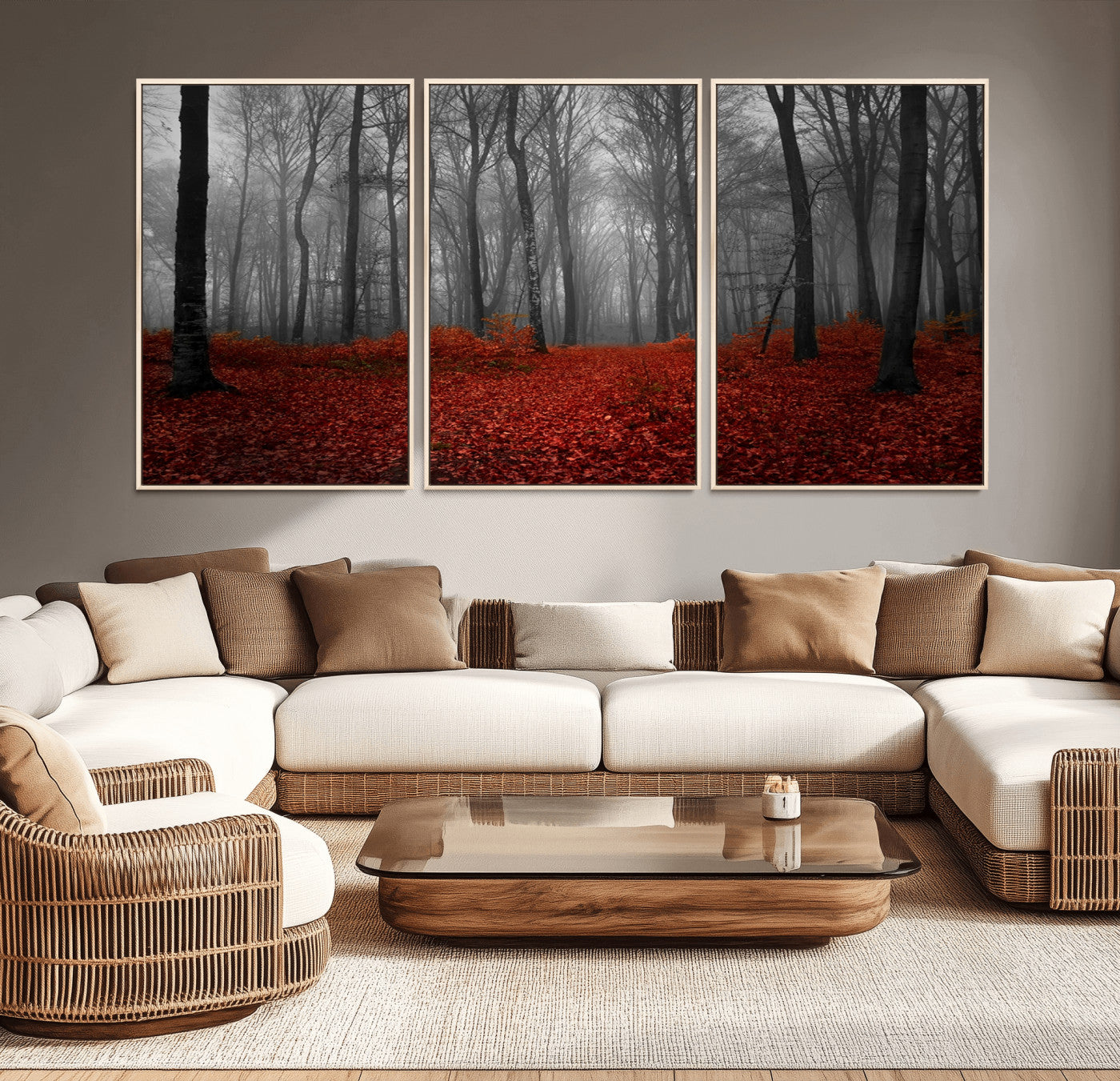 Red Forest Floor Canvas Wall Art – Mystical Foggy Woodland