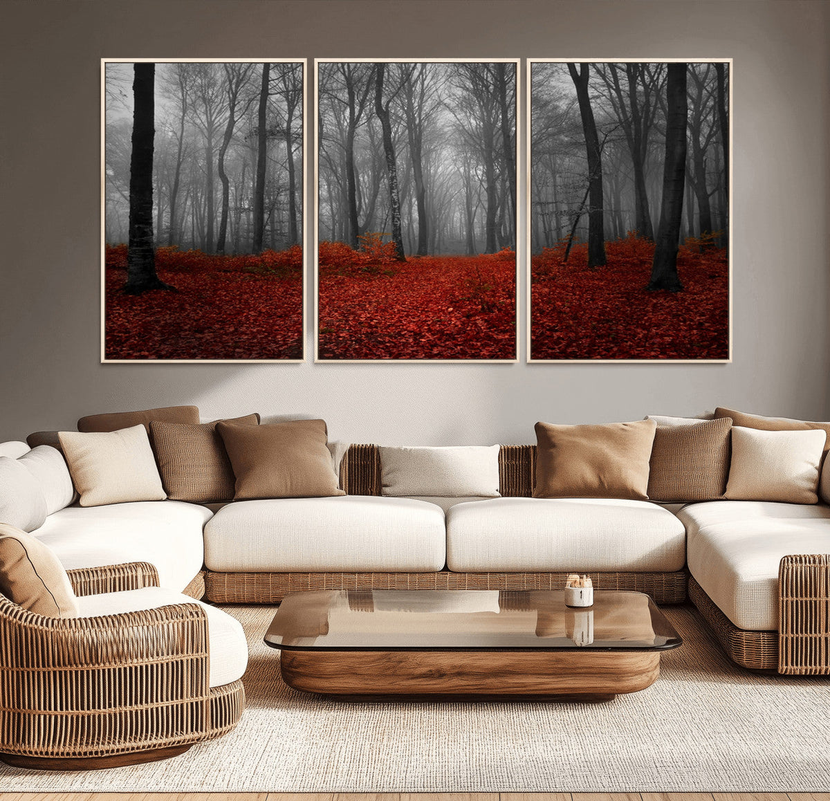 Red Forest Floor Canvas Wall Art – Mystical Foggy Woodland