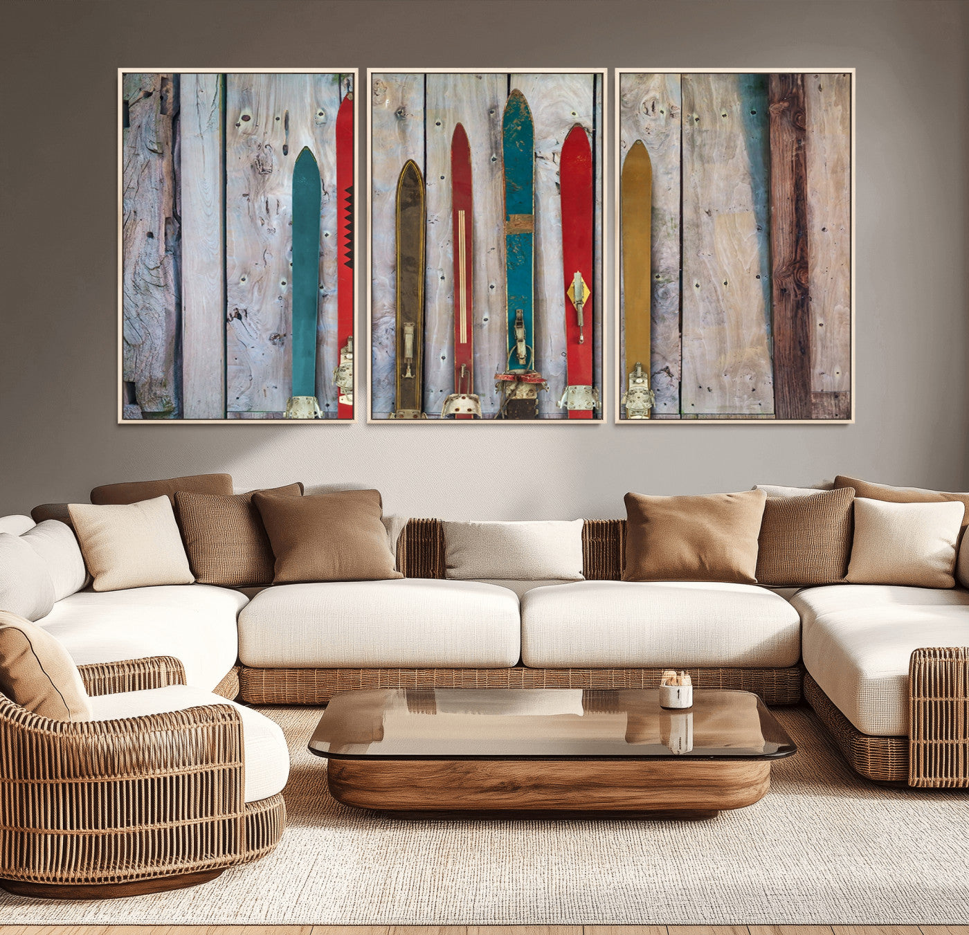 Vintage Wooden Weathered Ski's in Front of an Old Barn Wall