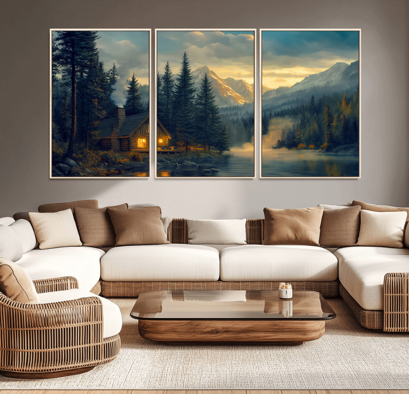 Mountain Cabin by the Lake at Sunset Wall Art - Serene