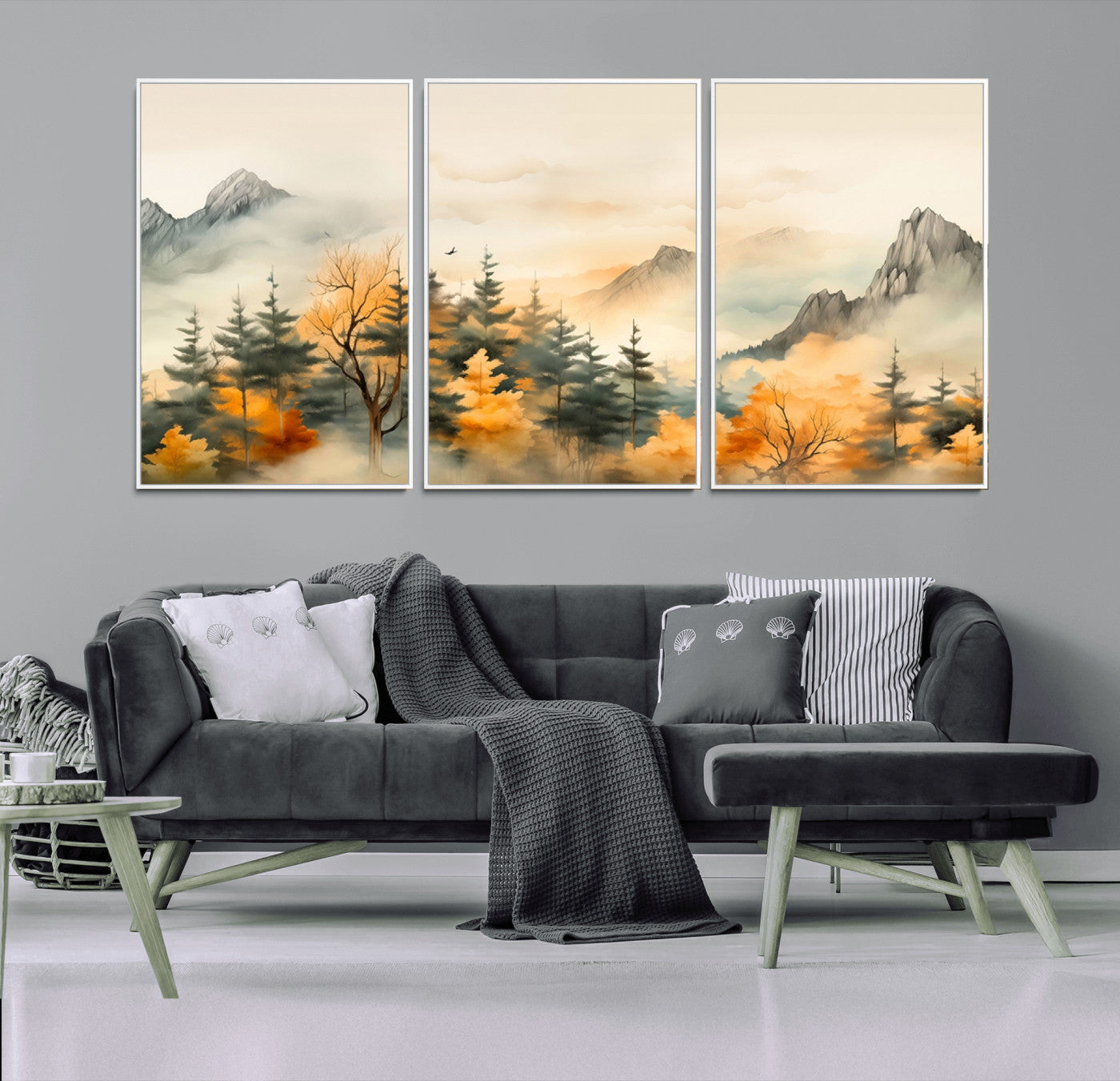 Abstract Watercolor Mountains and Trees Autumn Art,
