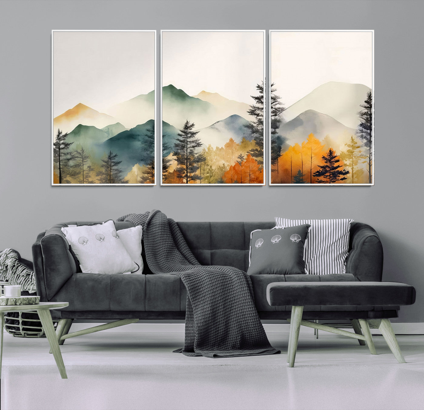 Abstract Watercolor Mountains and Trees Autumn Wall Art,