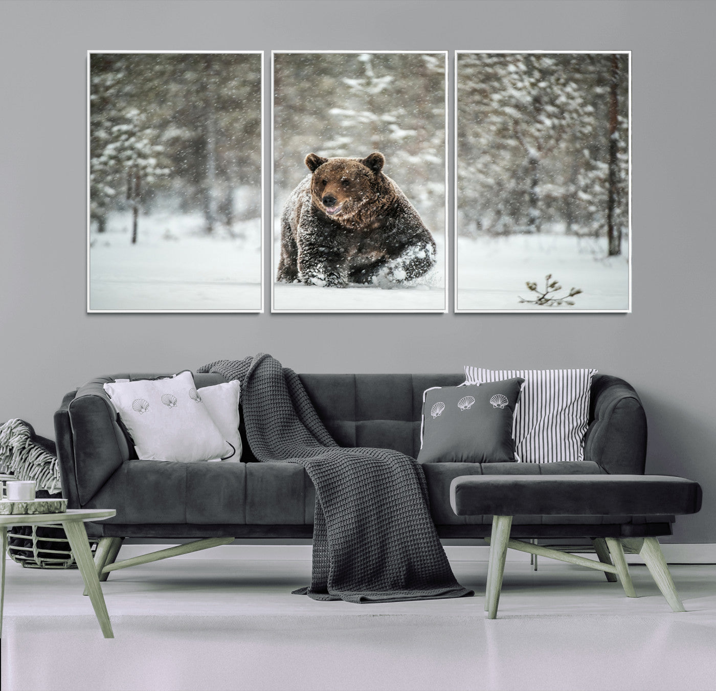 Grizzly Bear Wall Art – Framed Snowy Forest Canvas Artwork,