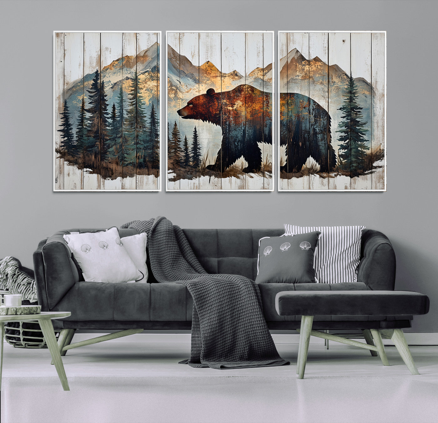 Rustic Grizzly 399 Bear and Mountain Wood Canvas Wall Art -